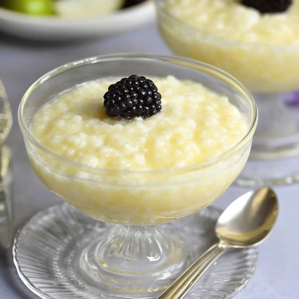 Delicious bowl of tapioca pudding topped with fresh fruit and whipped cream