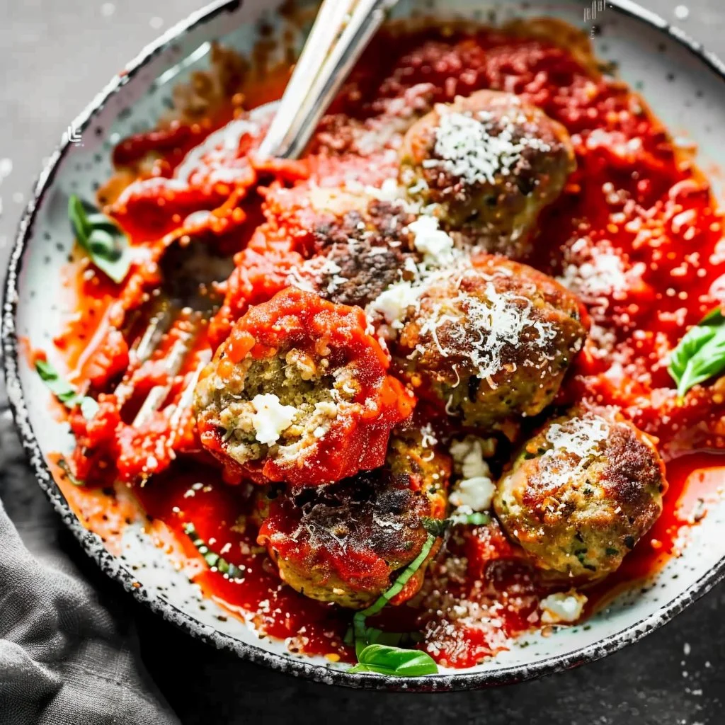 Plate of tender ricotta meatballs served with marinara sauce and herbs