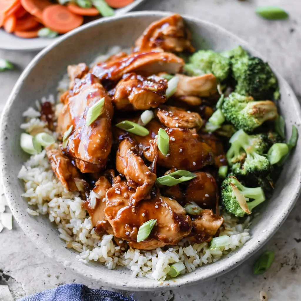 Delicious plate of teriyaki chicken served with rice and vegetables