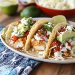 Delicious fish tacos topped with fresh vegetables and salsa