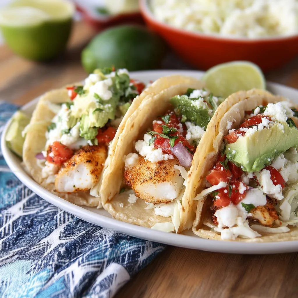 Delicious fish tacos topped with fresh vegetables and salsa