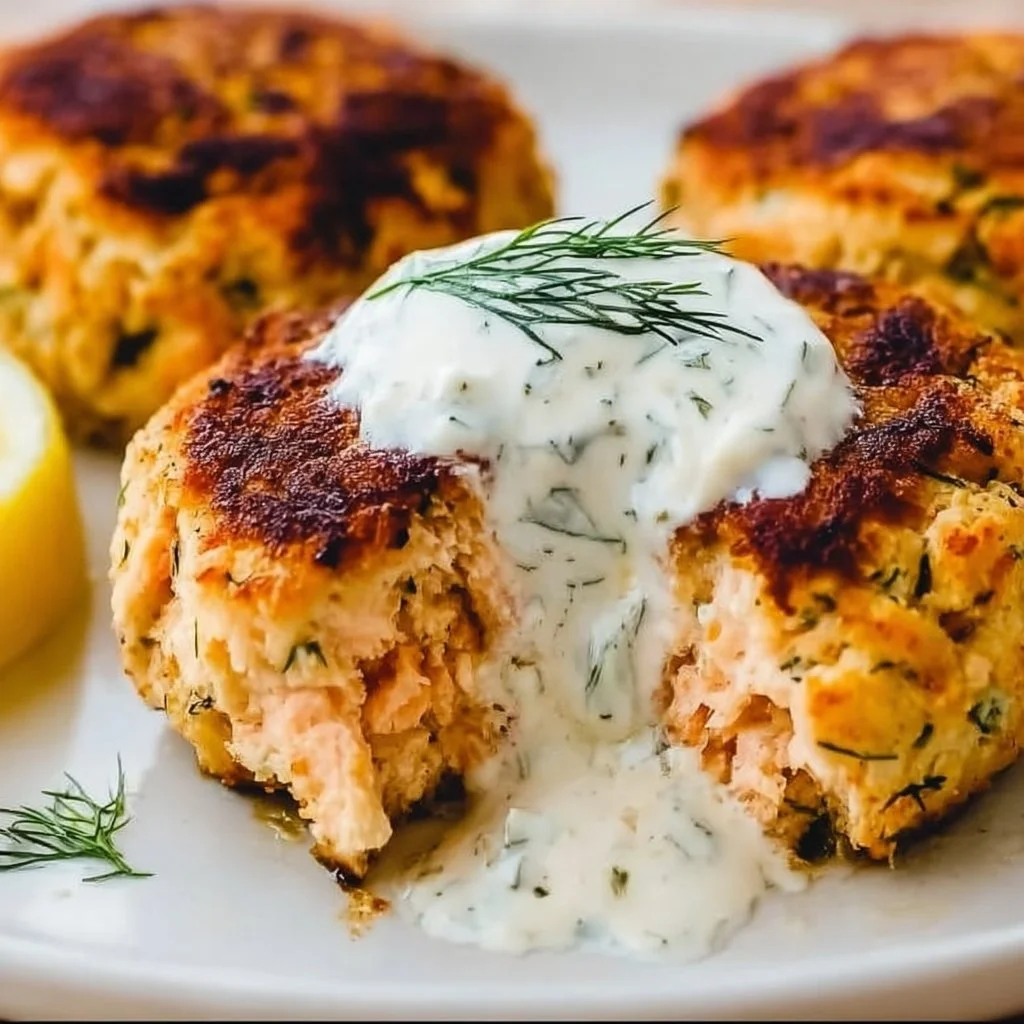 Delicious salmon patties served on a plate with fresh herbs and lemon wedges.