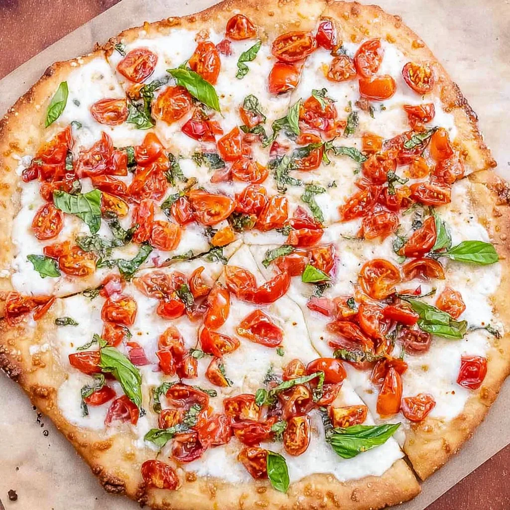 Homemade bruschetta pizza topped with fresh tomatoes and basil