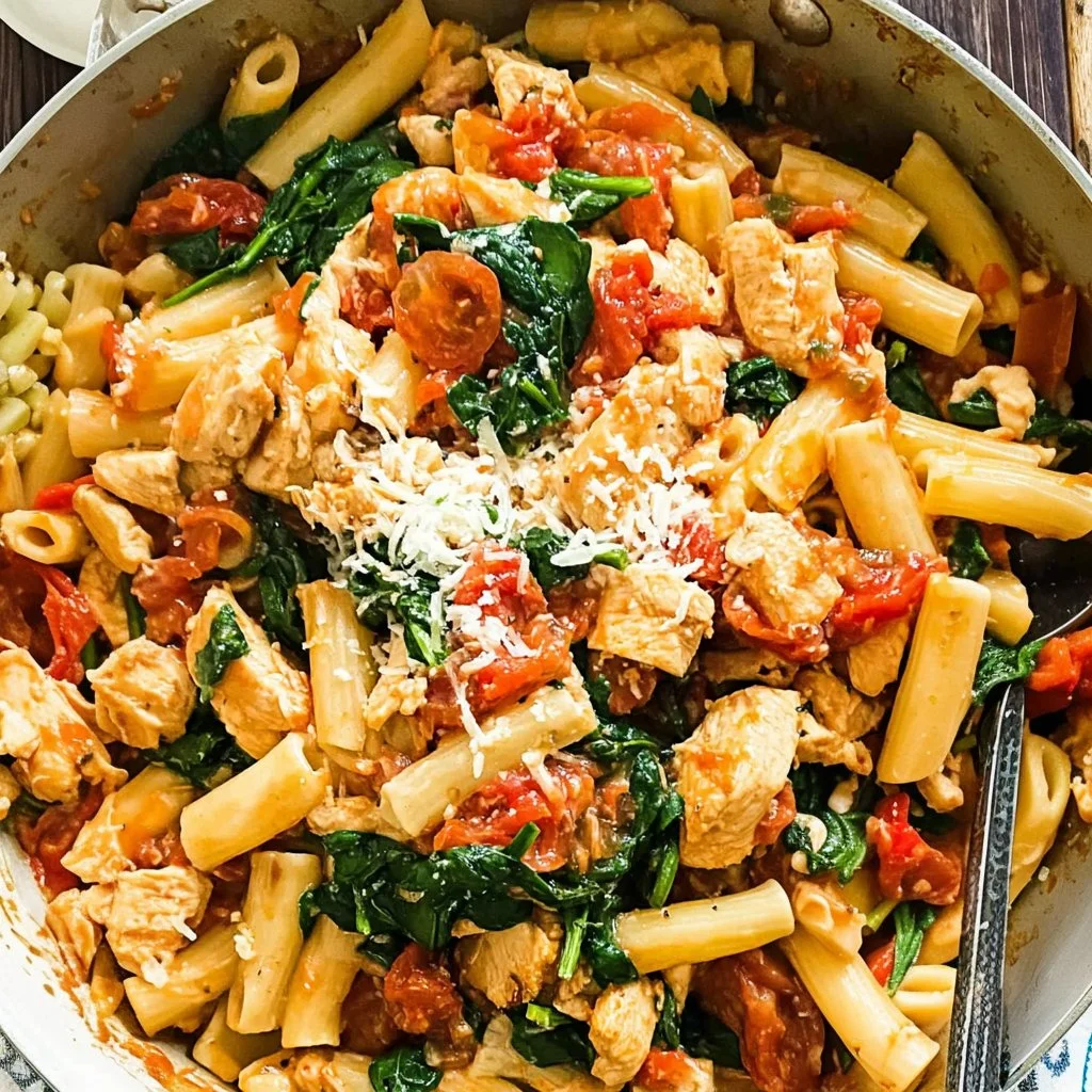 A delicious plate of tomato spinach chicken pasta served with a sprinkle of parmesan cheese.