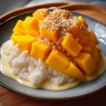 Delicious mango sticky rice served in a bowl with fresh mango slices on top.