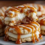 Delicious caramel cheesecake cookies served on a plate, drizzled with caramel sauce.