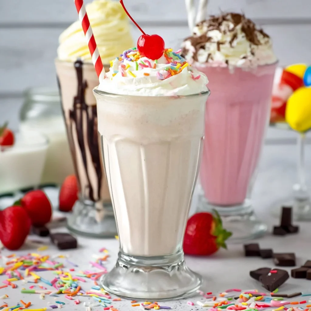Delicious homemade milkshake with creamy toppings and straws