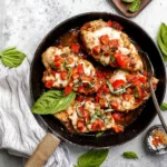 Delicious Bruschetta Chicken served with fresh tomatoes and basil