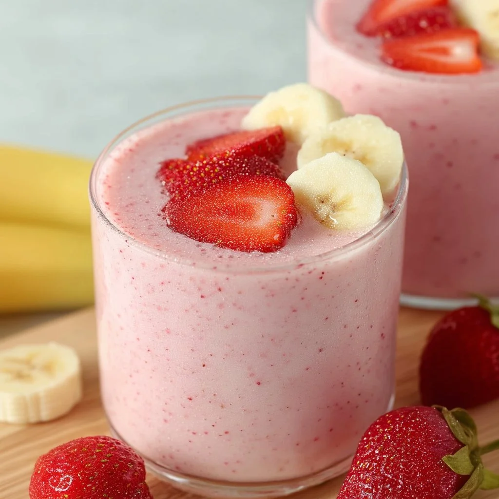 Delicious strawberry banana smoothie in a glass on a bright kitchen counter