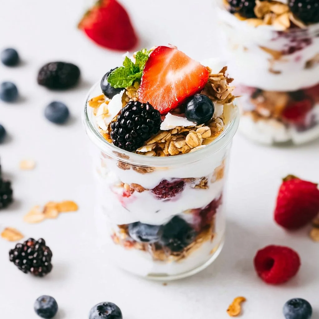 Delicious yogurt parfait with fruits, granola, and honey in a glass bowl