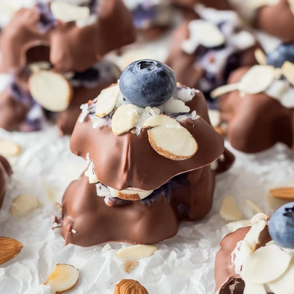 A bowl of frozen blueberries with yogurt, showcasing a healthy dessert option.