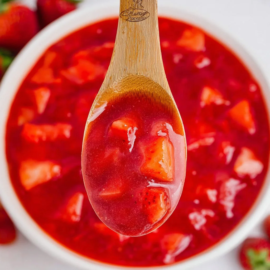 Homemade strawberry sauce in a glass jar, ready to be served over desserts.