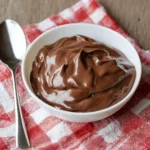 Bowl of creamy boiled egg chocolate pudding topped with chocolate shavings