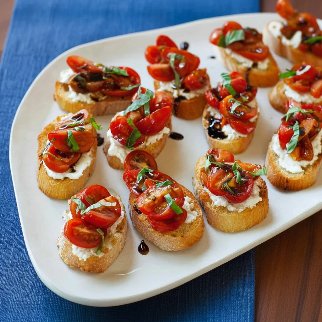 Delicious Tomato Goat Cheese Crostini served on a wooden platter