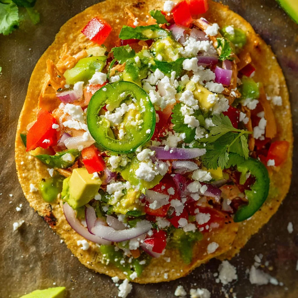 A delicious homemade tostada topped with fresh ingredients and vibrant flavors.
