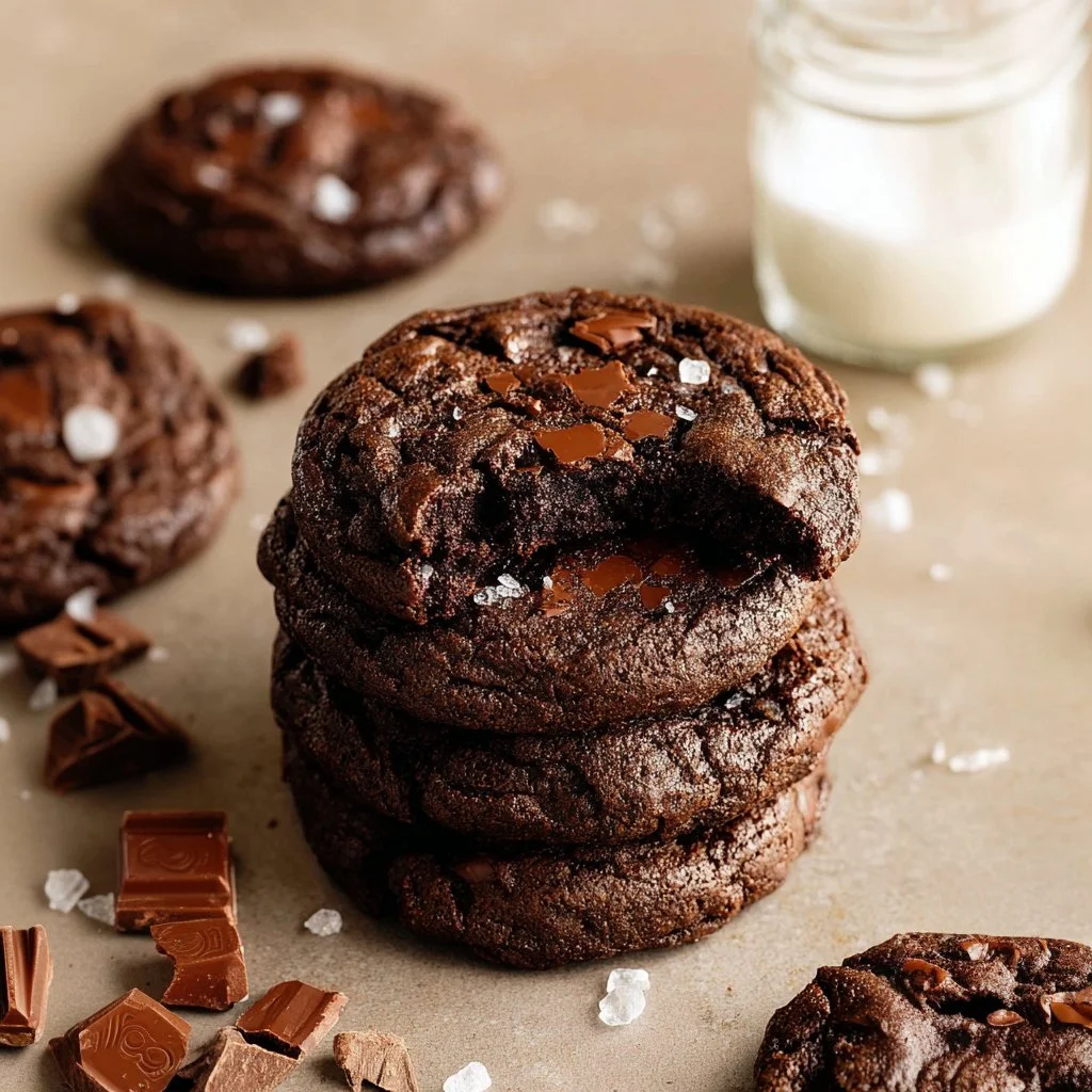 Delicious triple chocolate cookies with melty chocolate chunks and cocoa.