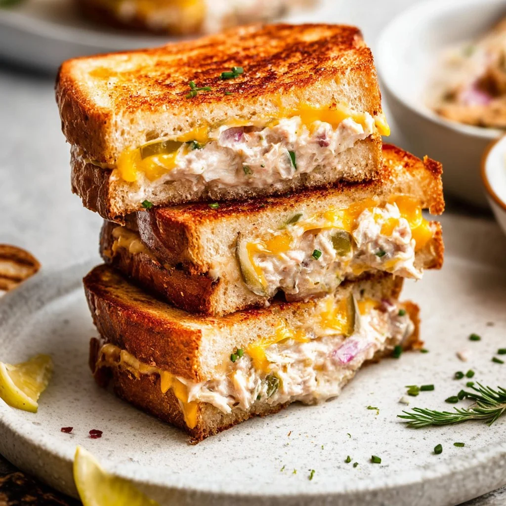 Delicious homemade tuna melt with cheese, served hot on toasted bread