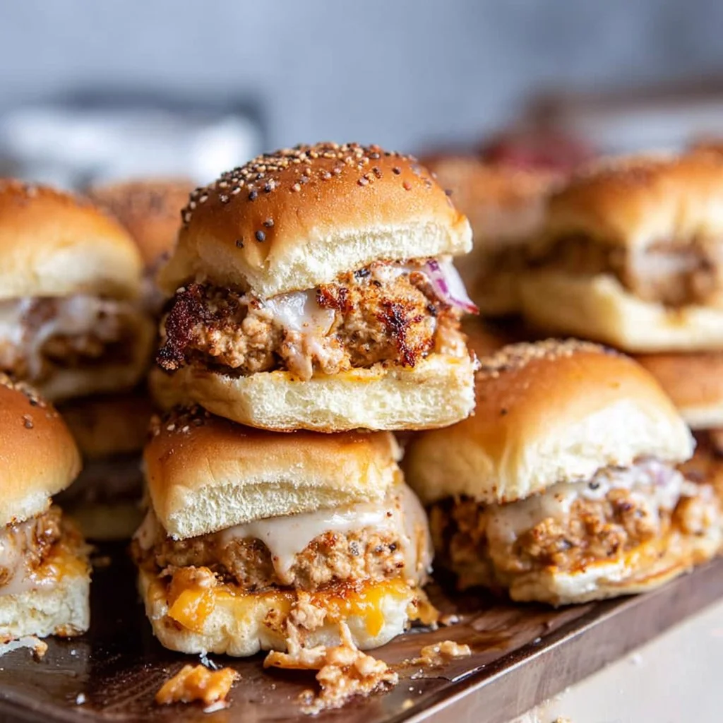Turkey burger sliders served with fresh toppings on a wooden platter.