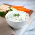 Creamy tzatziki dip with feta and cucumber served in a bowl