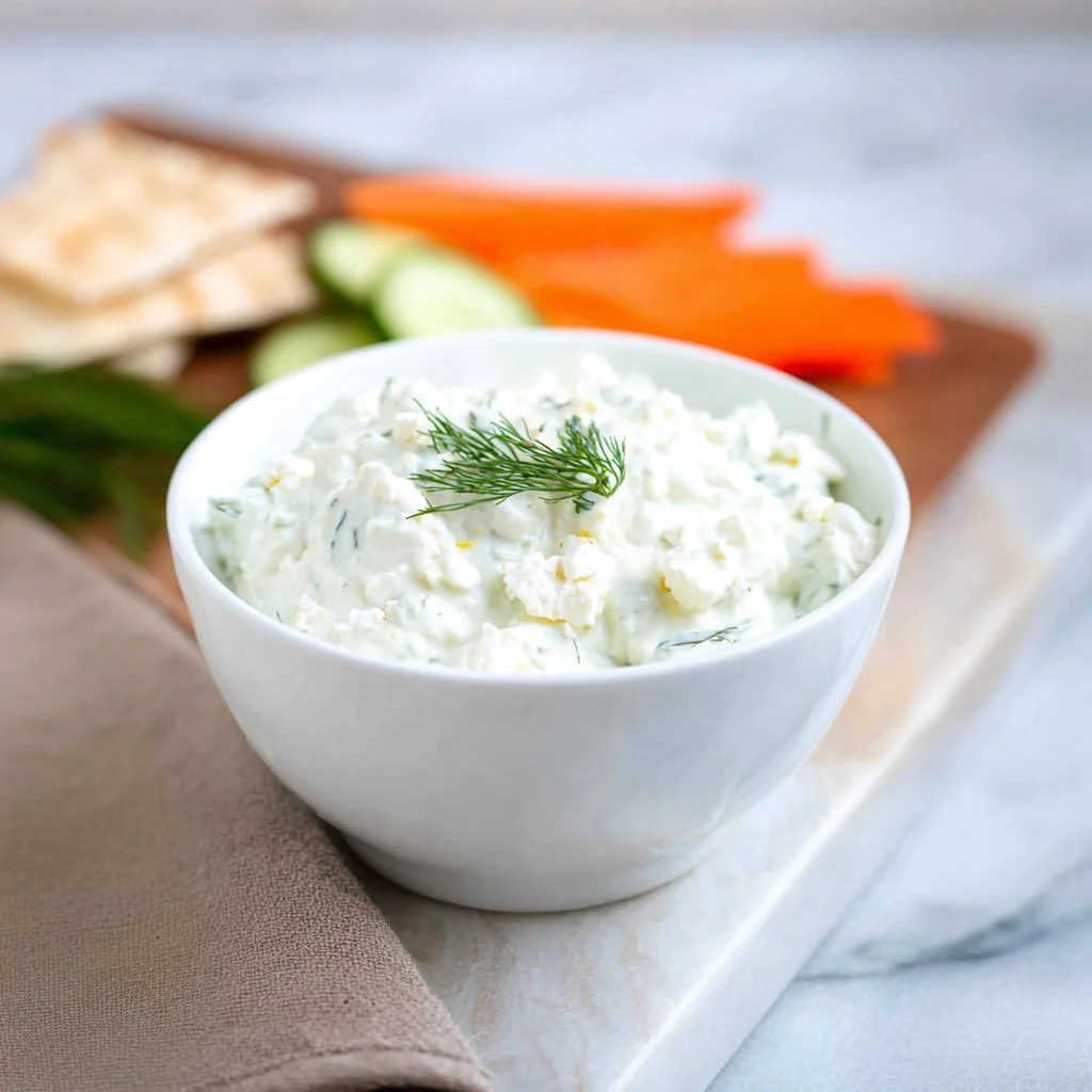 Creamy tzatziki dip with feta and cucumber served in a bowl