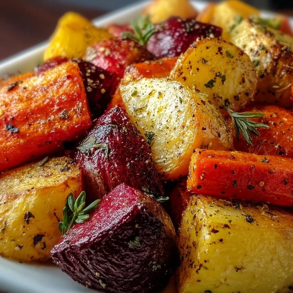 Bowl of ultimate roasted root vegetables featuring carrots, parsnips, and sweet potatoes.