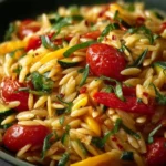 A bowl of veggie orzo featuring colorful vegetables and herbs.