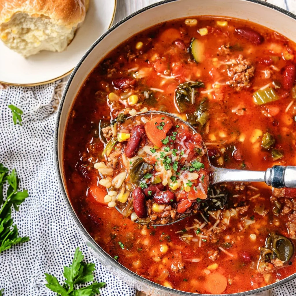 Bowl of Italian vegetable soup with fresh vegetables and herbs