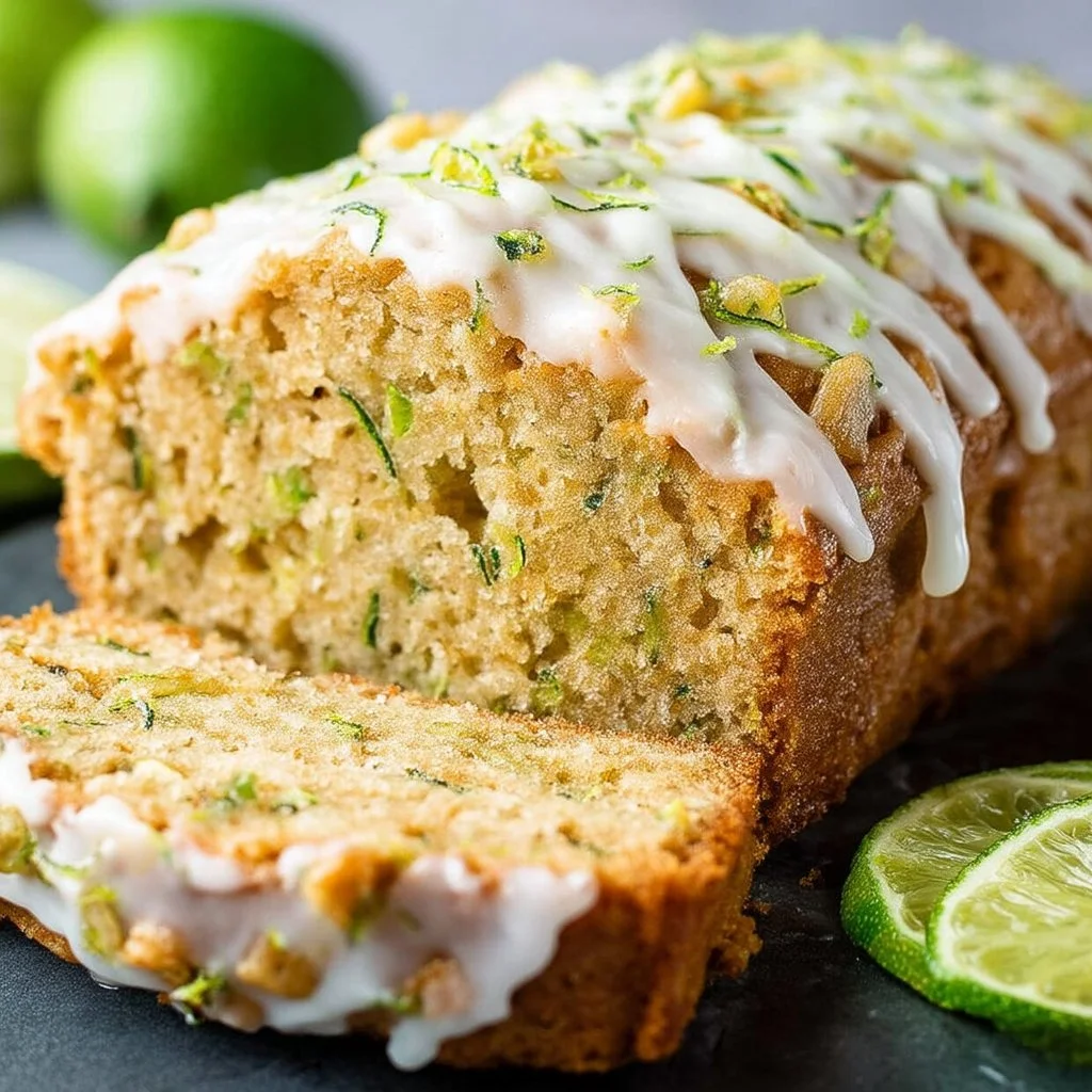 Zucchini and lime cake slice on a plate, garnished with lime zest
