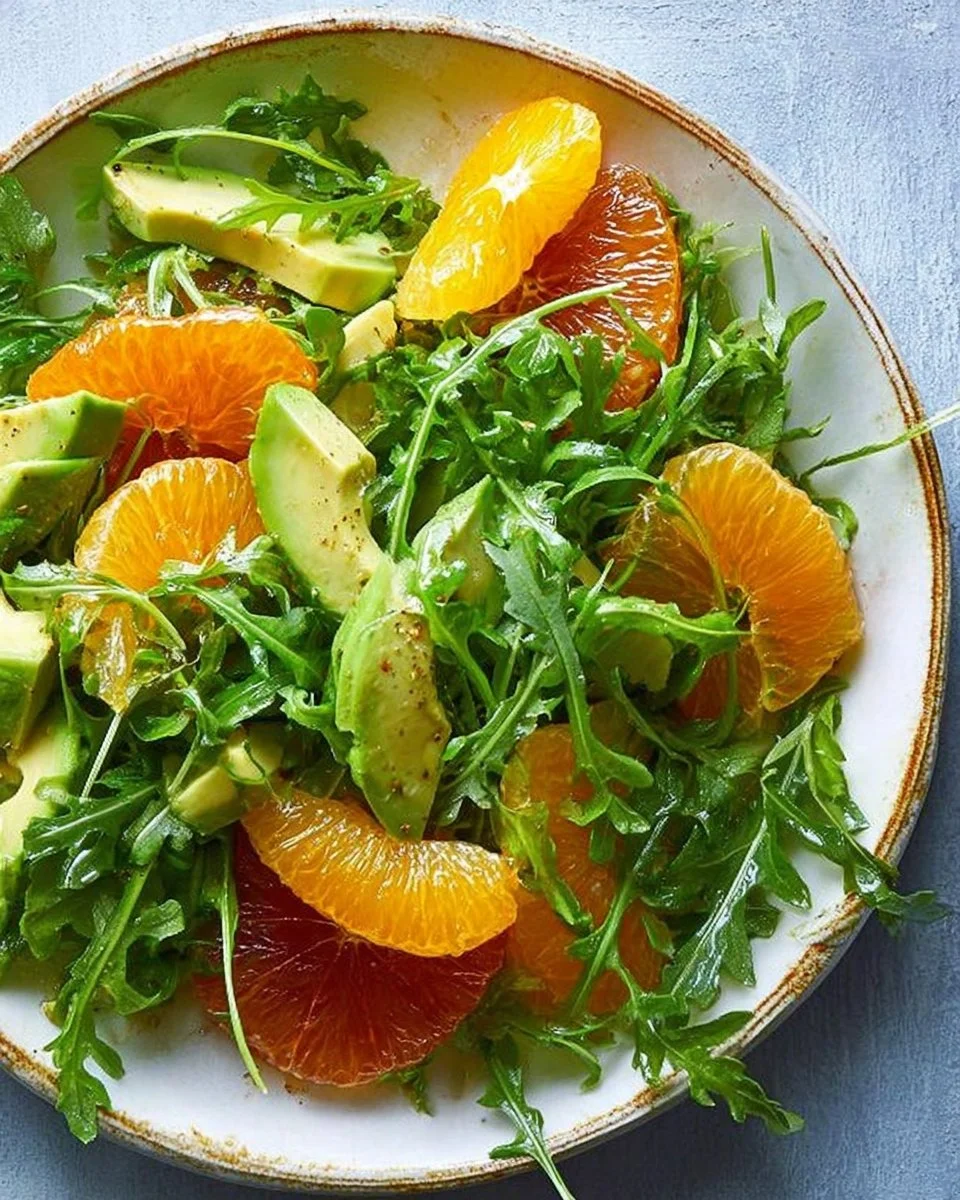 Fresh citrus arugula salad with vibrant fruits and greens