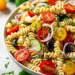Quick and easy 15 minute pasta salad loaded with fresh vegetables and flavor.