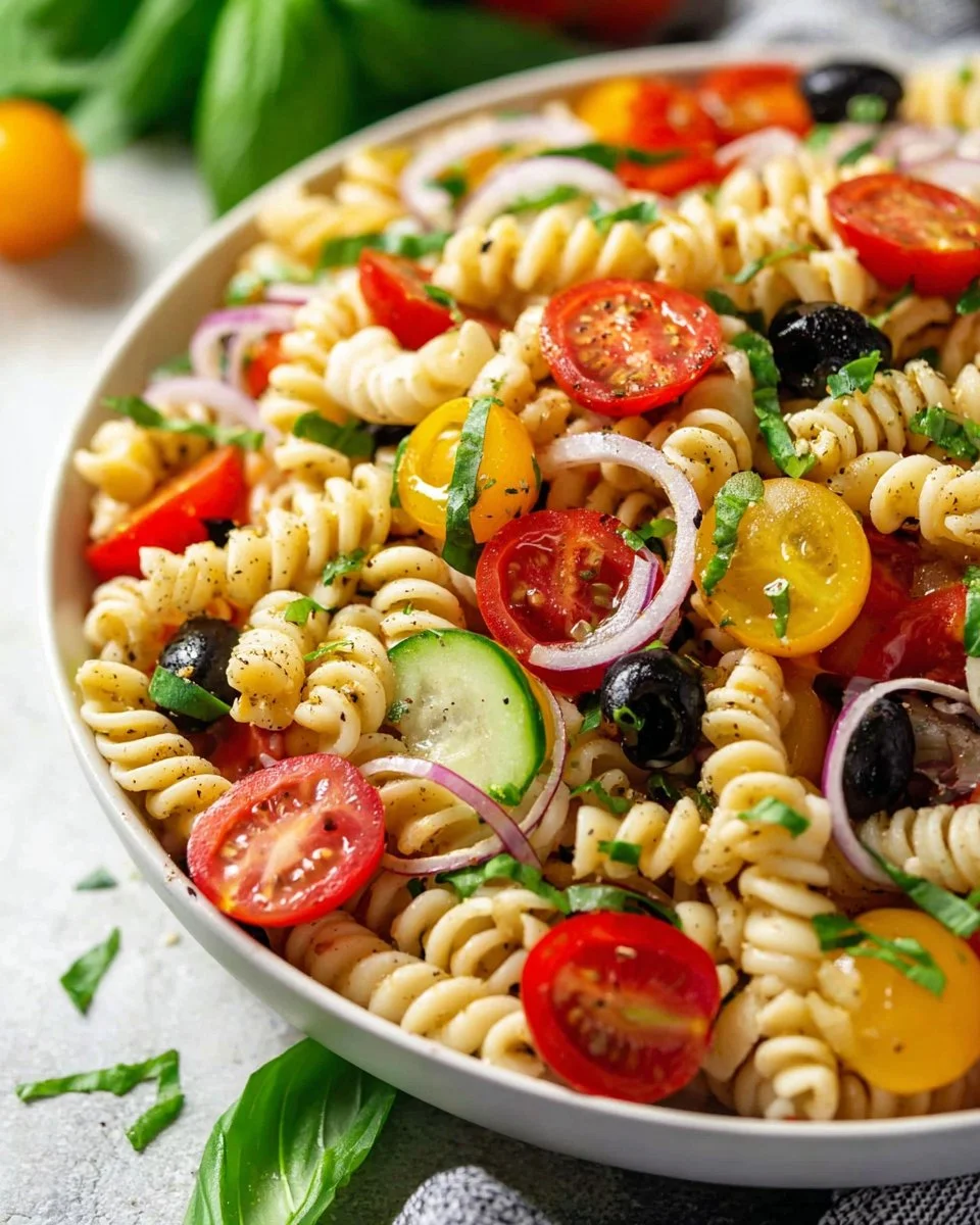 Quick and easy 15 minute pasta salad loaded with fresh vegetables and flavor.