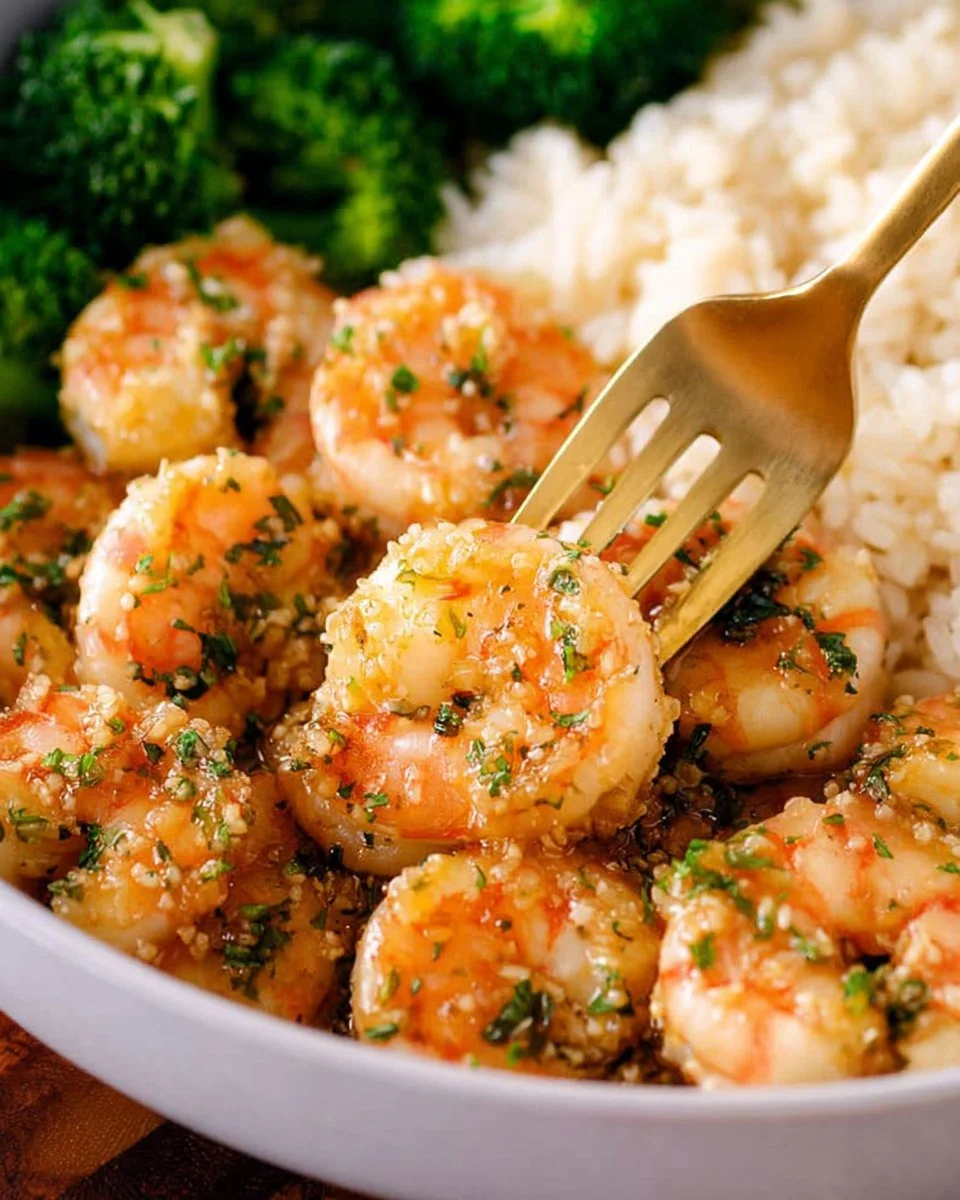 Plate of honey garlic shrimp served with vegetables and rice