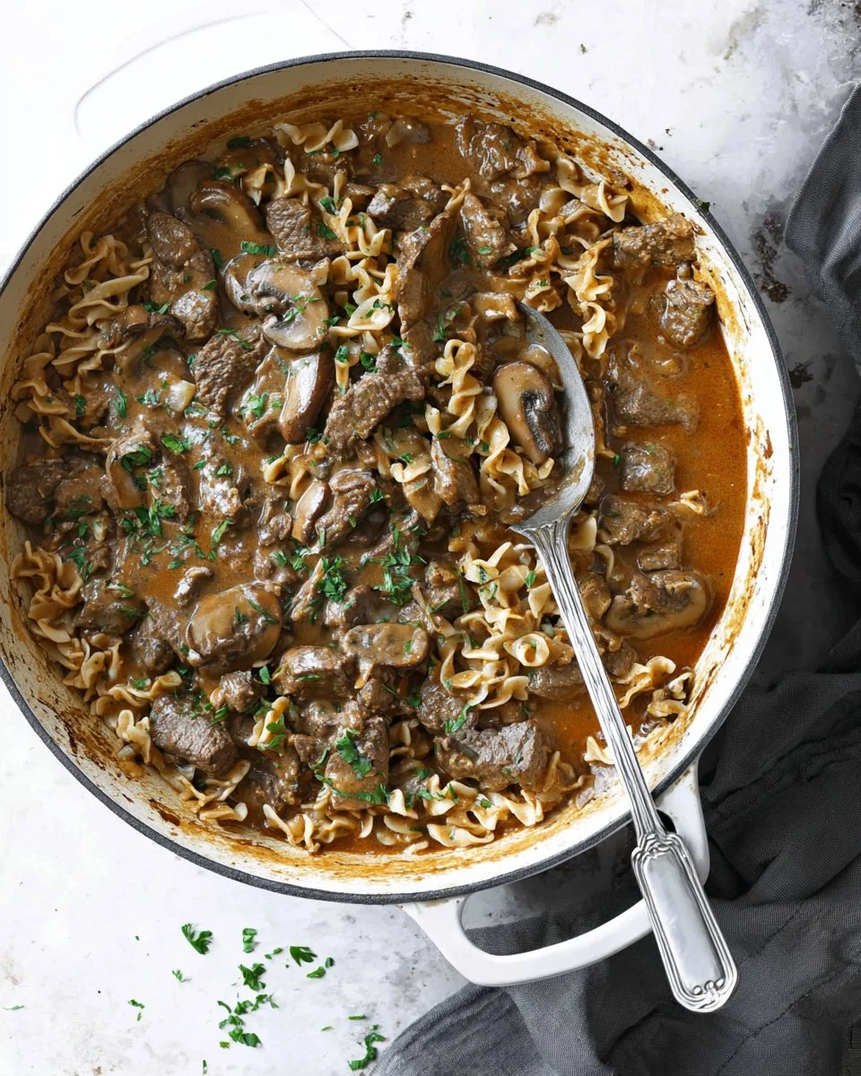 Creamy beef and mushroom skillet dish, ready in 30 minutes