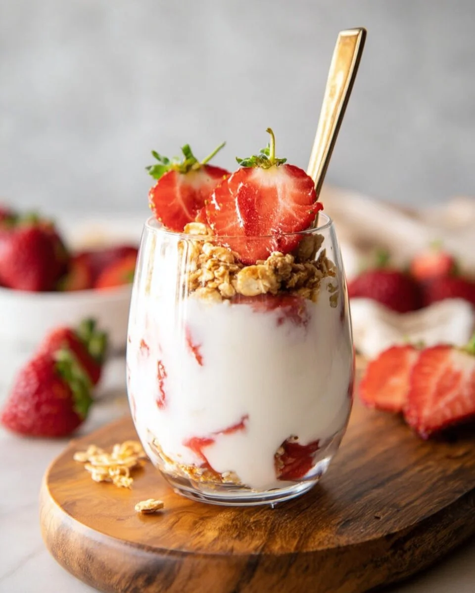 5-minute strawberry cheesecake breakfast parfait with fresh strawberries and cream