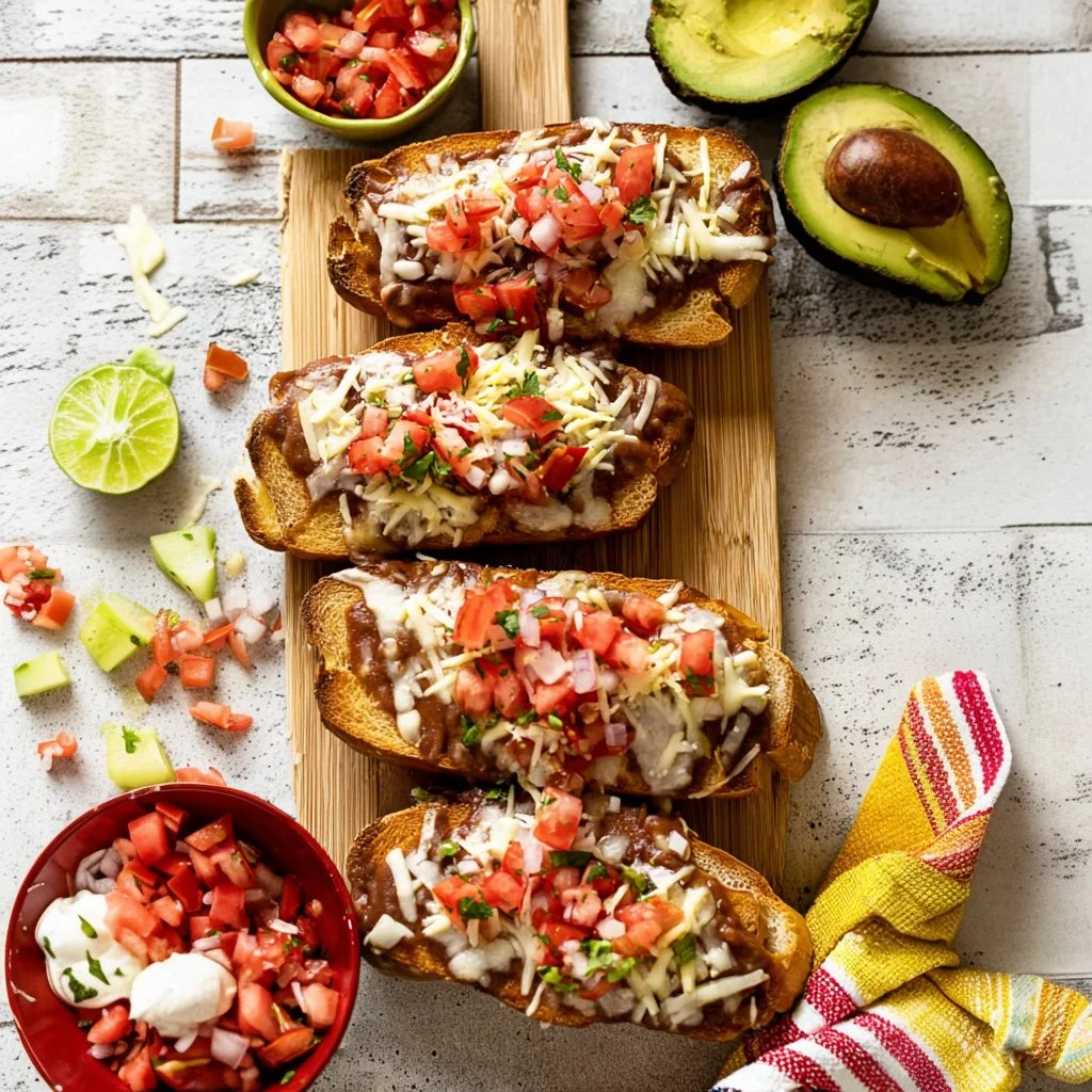 Homemade molletes served on a cozy evening, topped with cheese and beans.