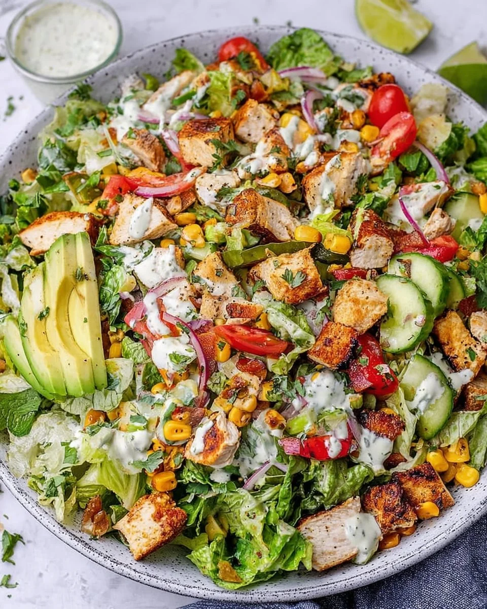 Delicious chicken chopped salad served with fresh vegetables and dressing