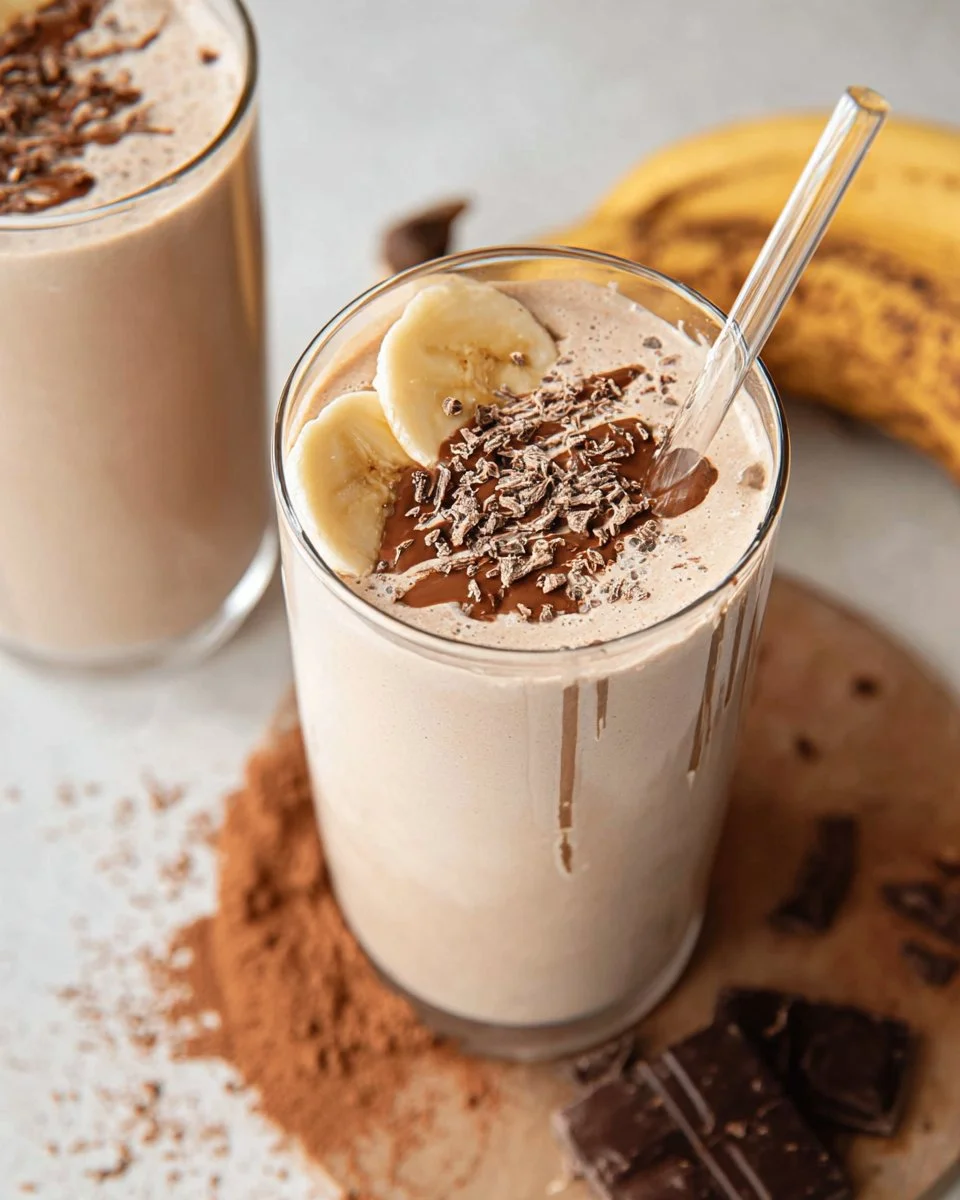 Delicious chocolate protein shake served in a glass with a straw