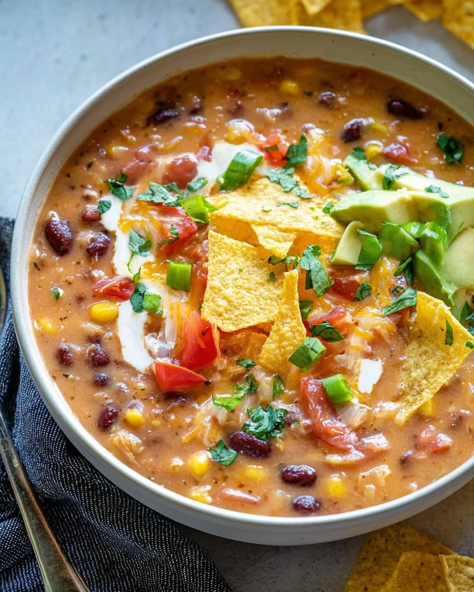 Creamy vegetarian tortilla soup garnished with tortilla strips and fresh herbs.