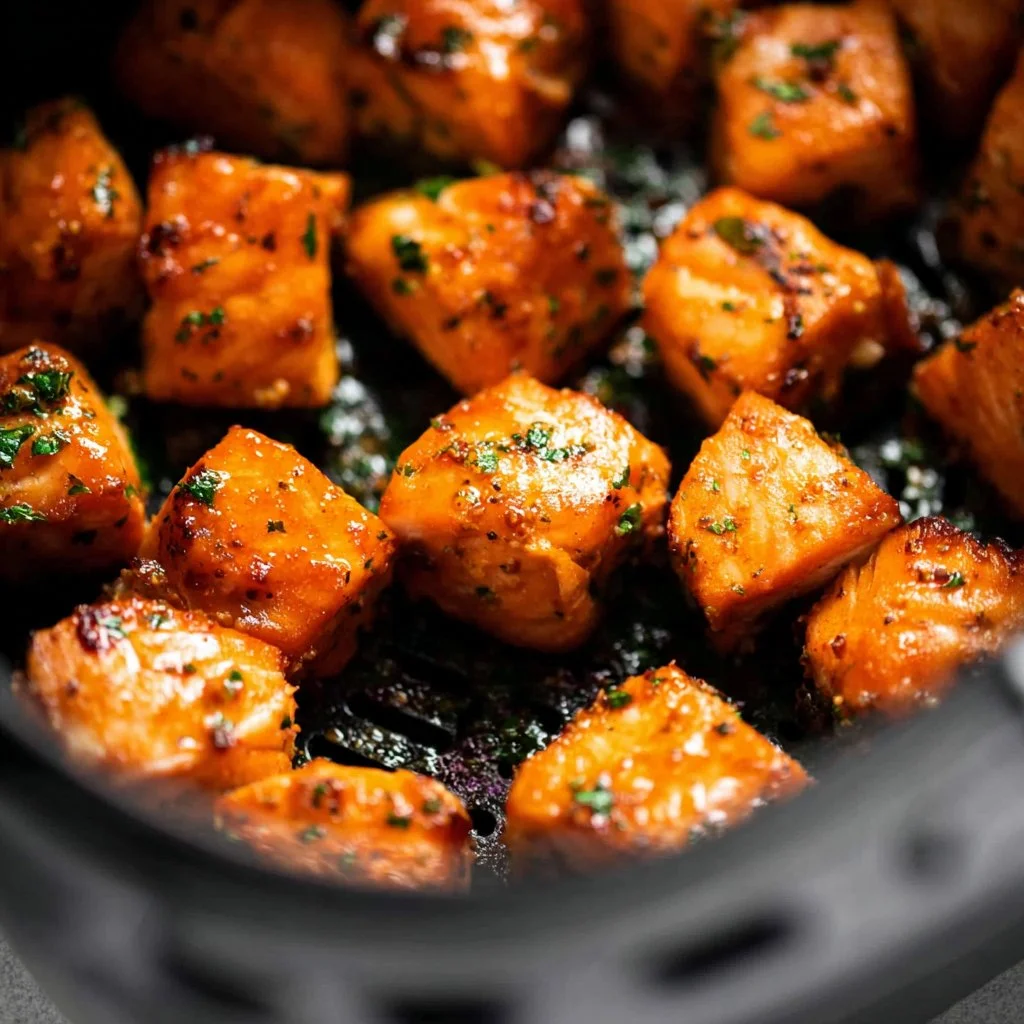Delicious air fryer salmon bites served on a plate with garnishes.