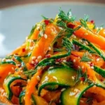 Bowl of colorful Asian Carrot Salad topped with sesame seeds and herbs