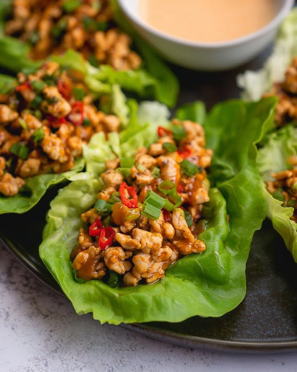 Asian chicken lettuce wraps served on a plate with colorful vegetables.