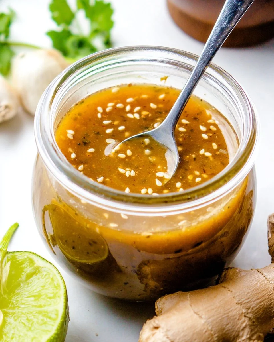 Asian Sesame Ginger Dressing in a glass jar with fresh ingredients.