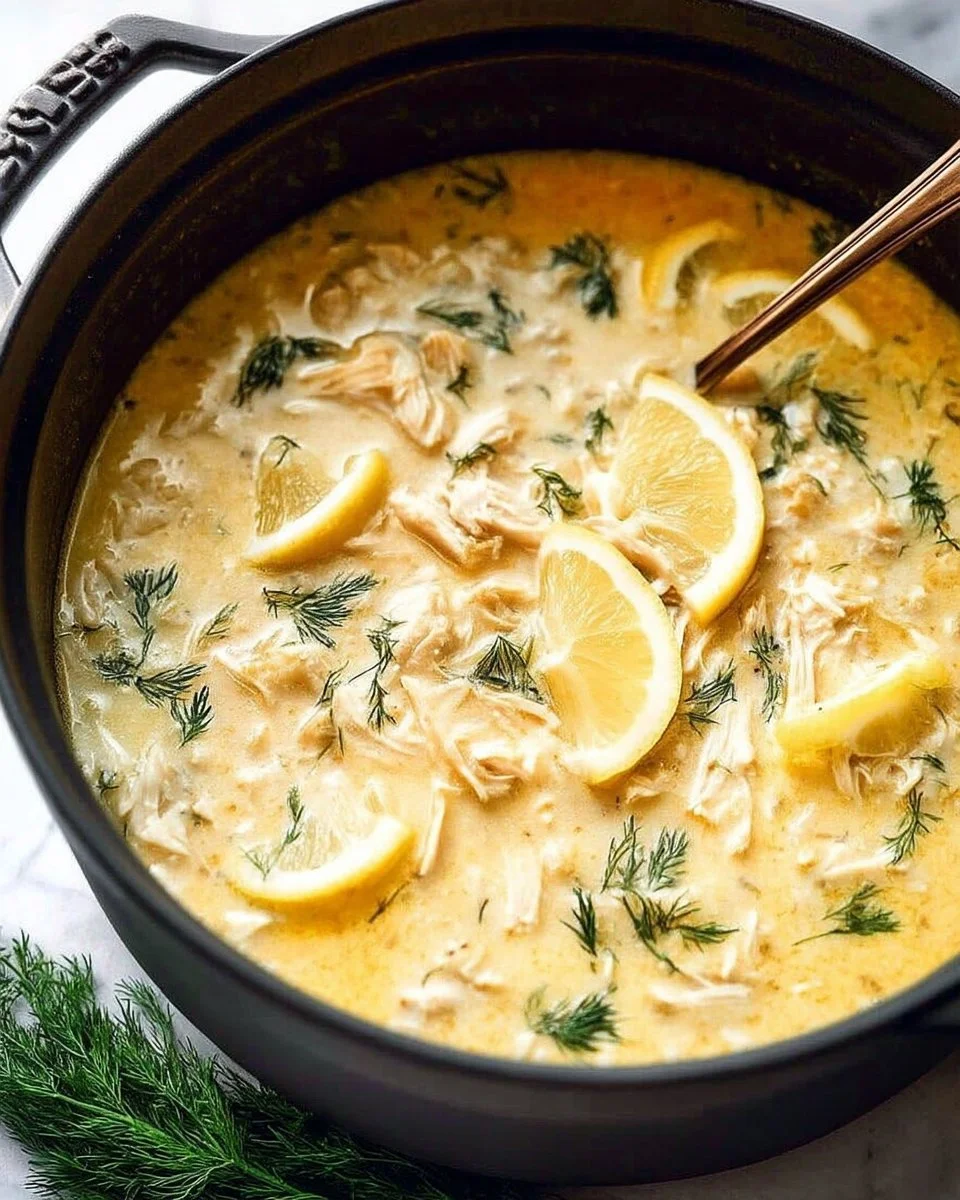 Bowl of traditional Avgolemono Soup with chicken, rice, and lemon garnish.