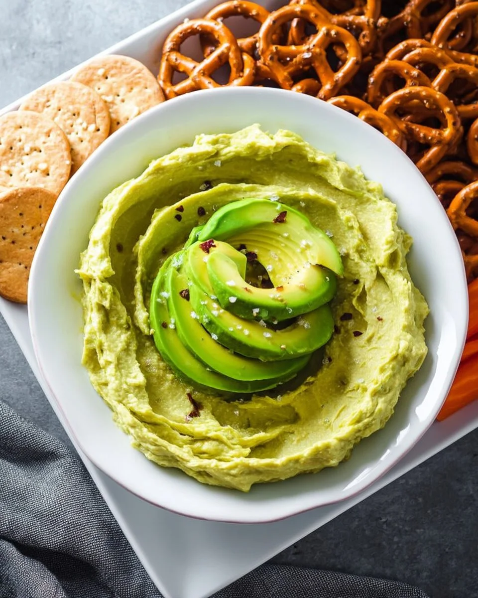 Bowl of creamy avocado hummus served with fresh vegetables