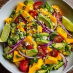Avocado mango salad topped with zesty lime dressing on a plate