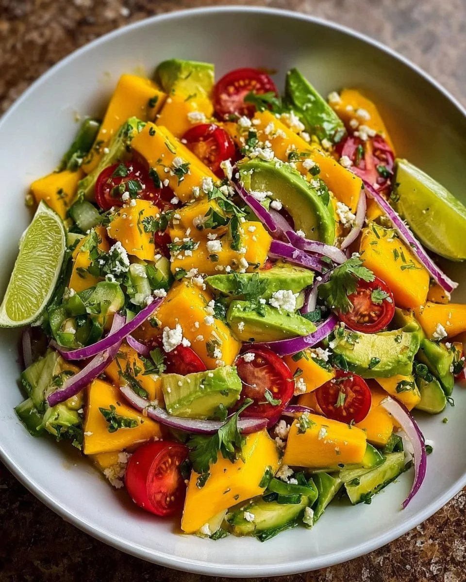 Avocado mango salad topped with zesty lime dressing on a plate