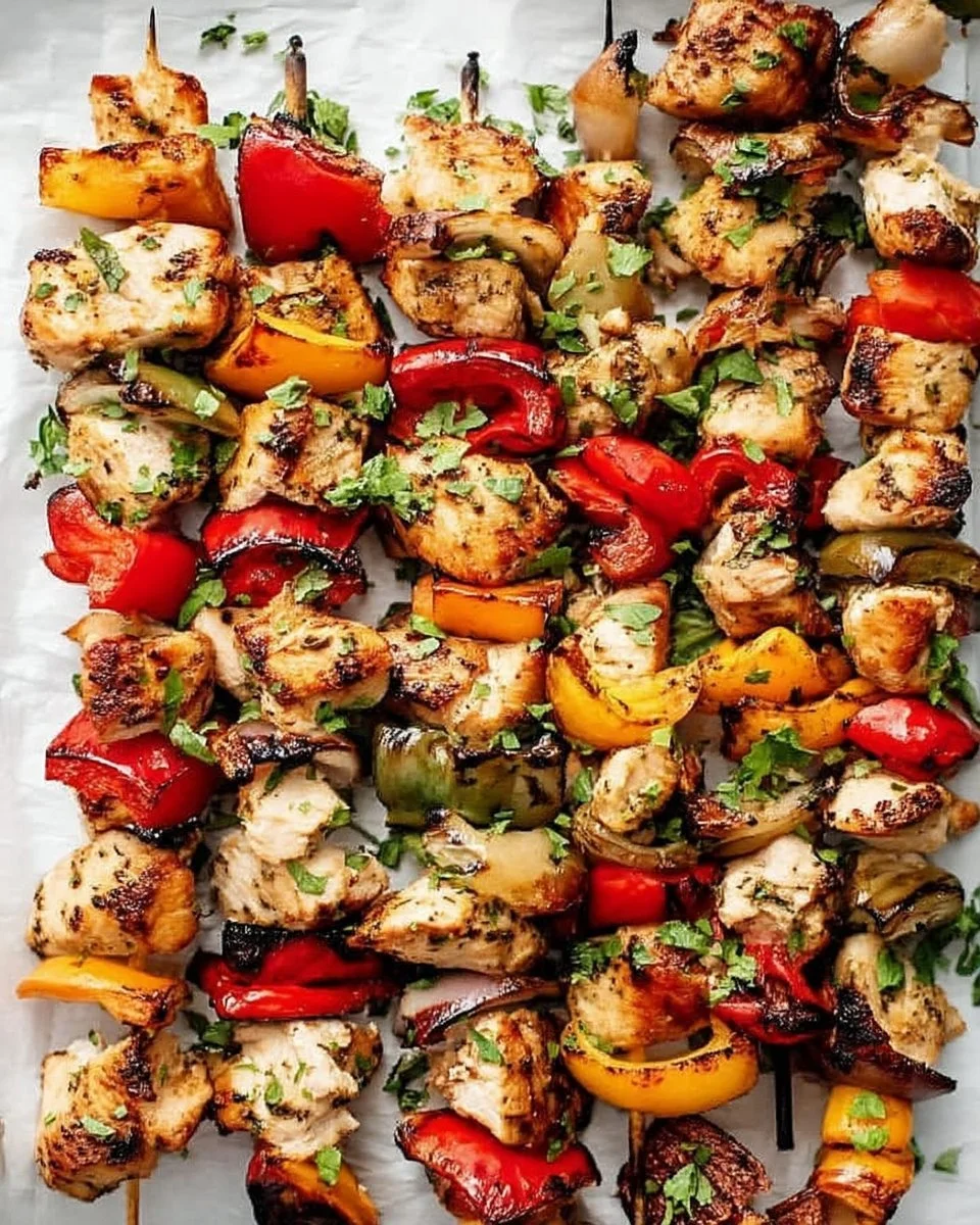 Delicious Baked Chicken Kabobs served with colorful vegetables