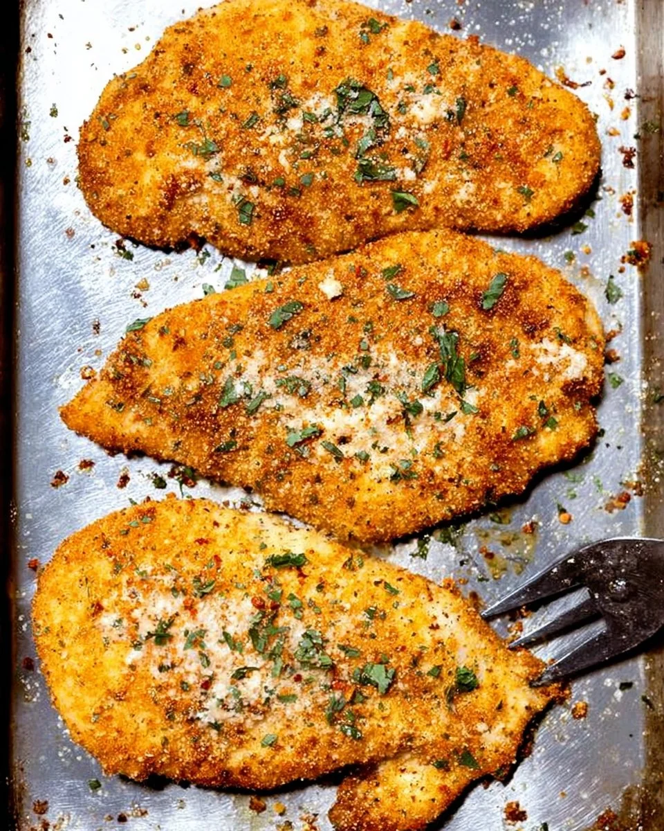 Baked Parmesan Crusted Chicken with crunchy coating on a plate