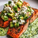 Plate of baked salmon topped with avocado and feta cheese