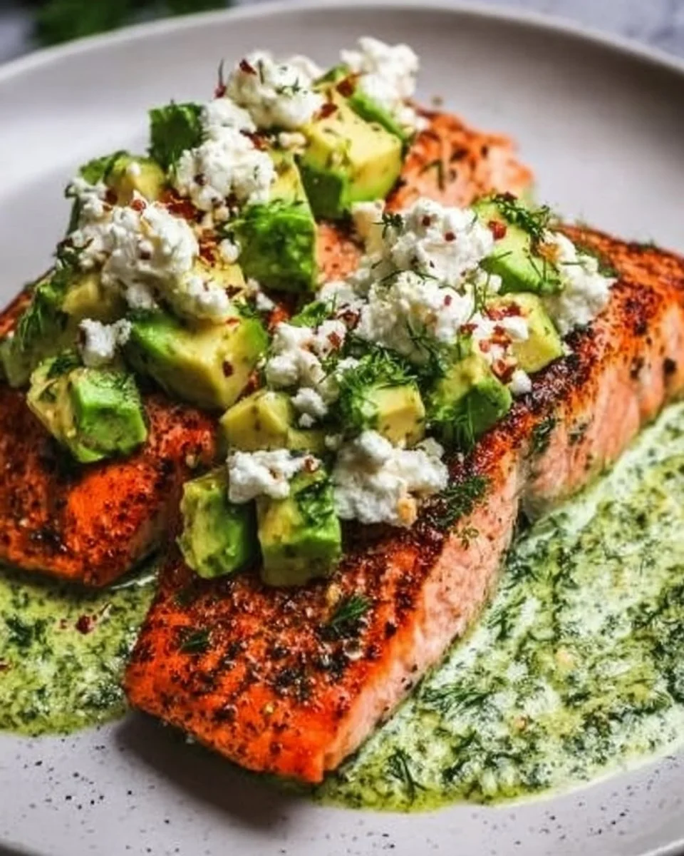 Plate of baked salmon topped with avocado and feta cheese